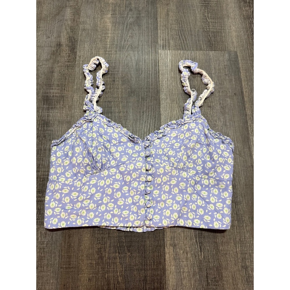 Zara Womens Floral Crop Top Periwinkle Blue Smocked Ruffle Strap XS